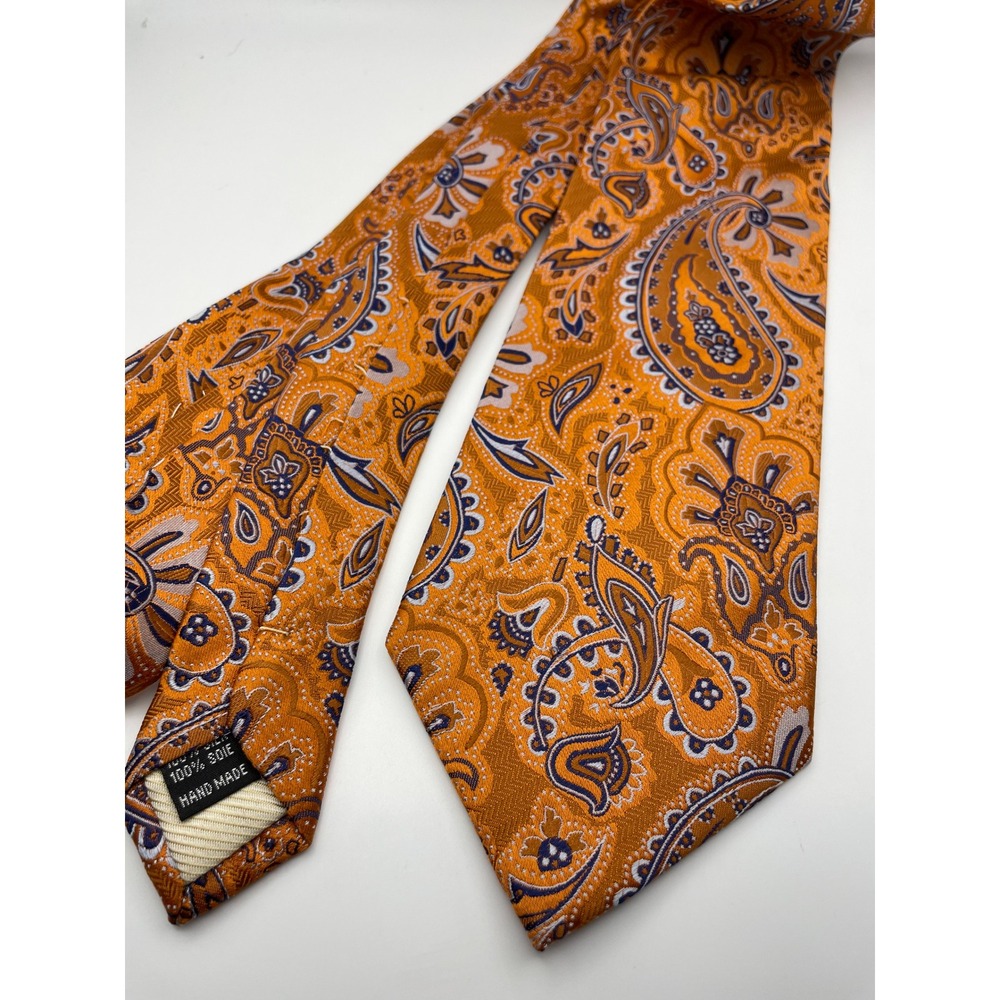 Bruno Marchesi Mens Silk Paisley Tie Orange Navy Blue Hand Made Classic Necktie